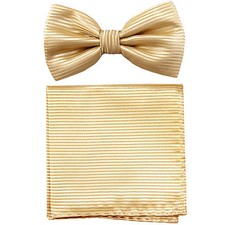 New formal Men's polyester pre-tied bow tie hankie horizontal stripes ivory
