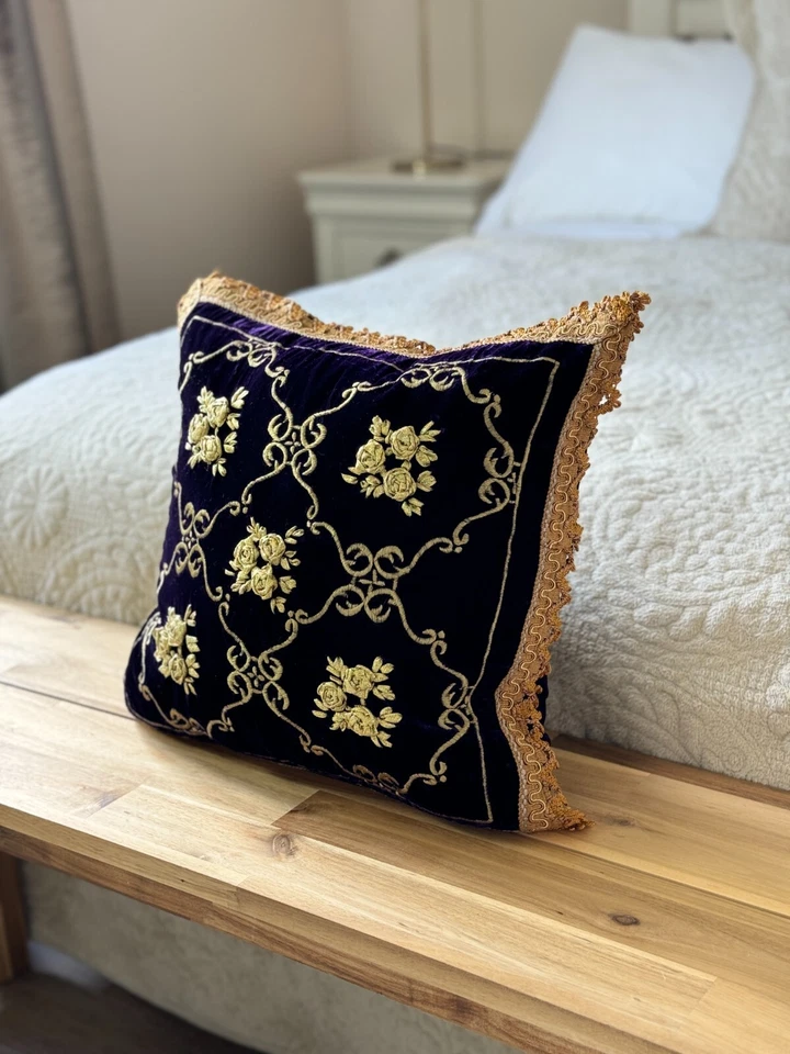 Luxury Deep Purple Gold Moroccan Style Handmade Embroidered 16in Cushion Cover - Image 4 of 4