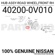 402000V010 Genuine Nissan HUB ASSY-ROAD WHEEL,FRONT RH 40200-0V010