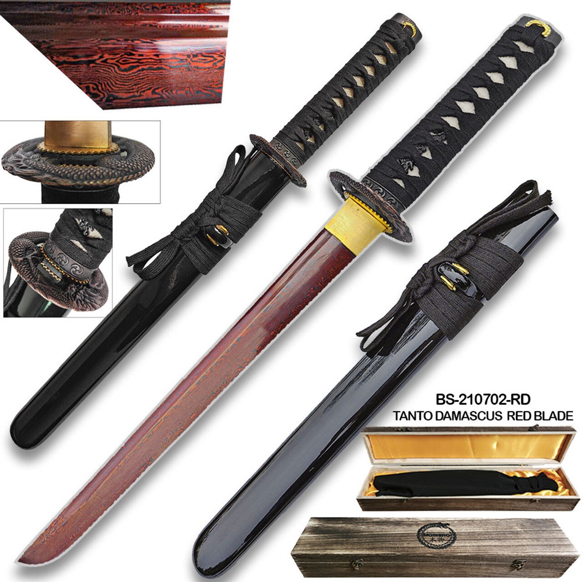 Moshiro Damascus Red Blade - Folded 1065 Dragon Tsuba Tanto Sword