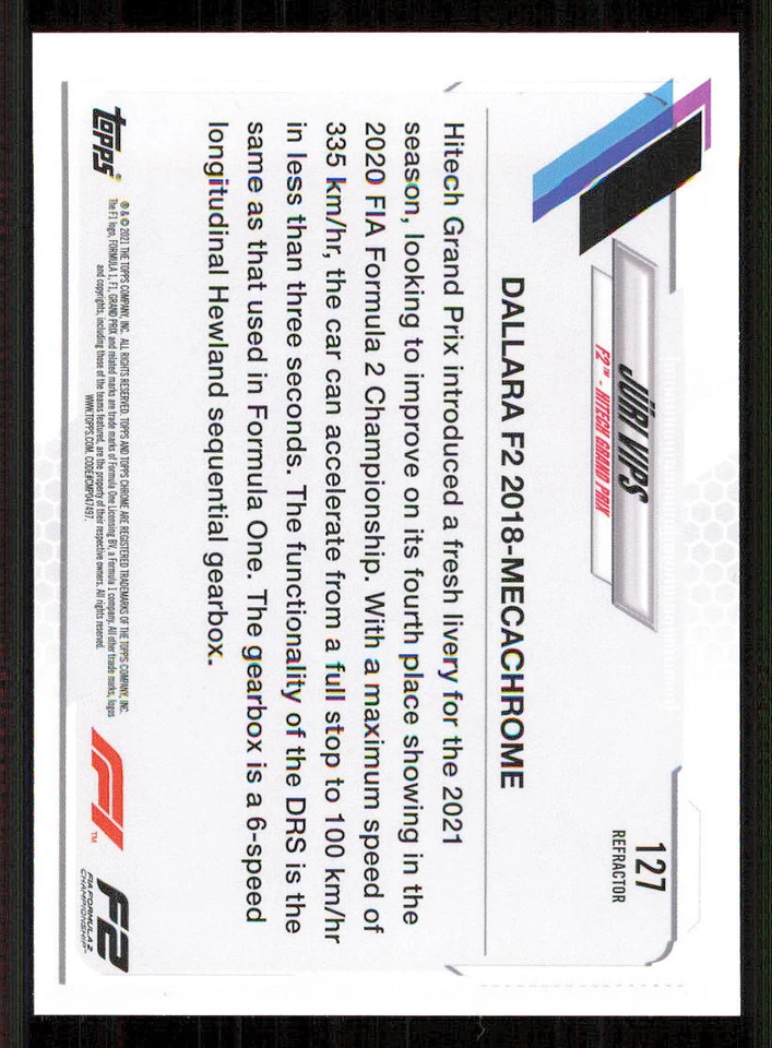 2021 Topps Chrome Formula 1 Refractors #127 Juri Vips/F2 Cars - Image 2 of 2