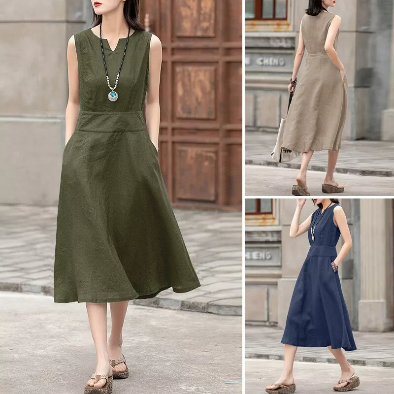 Women's 100% Cotton A-Line Sundress Sleeveless V Neck Loose Long Midi Tank  Dress