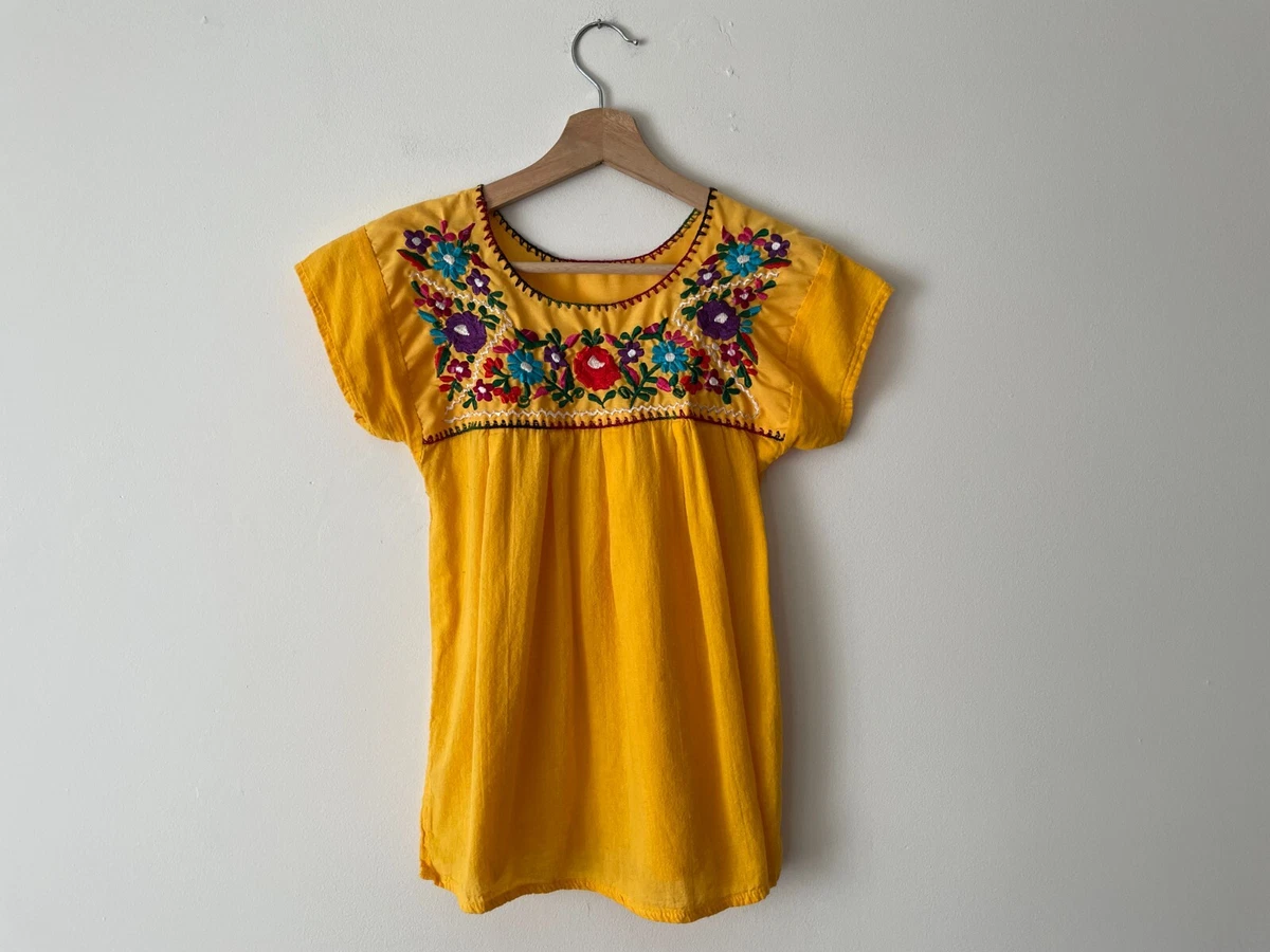 Vintage Mexican Peasant Blouse 60s 70s Golden Yellow Floral Embroidered XS Sm