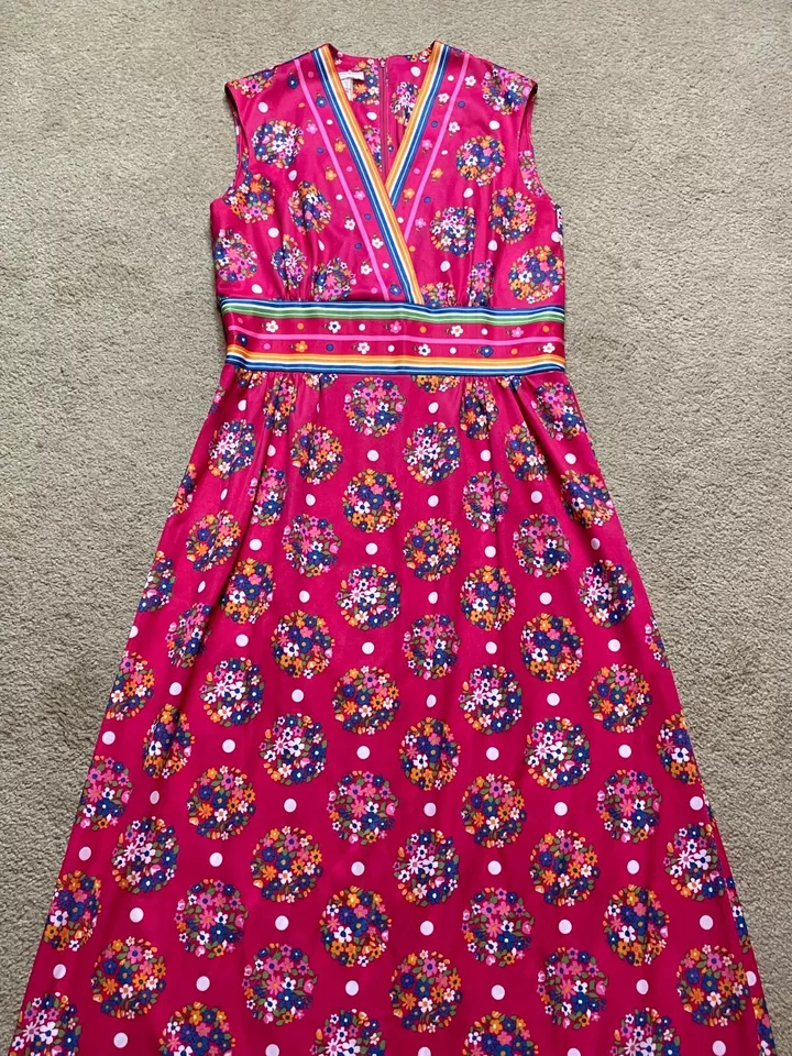 Maxi Vestido Floral Psicodélico Flower Power Vintage Años 60 70 Sin Mangas Rosa Grande Foto 3 de 4