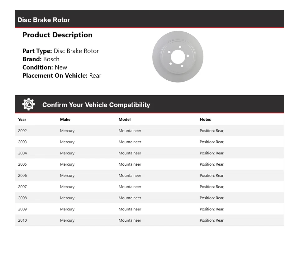 Задний дисковый тормоз Mercury Mountaineer Bosch QuietCast 2003 для 2002-2010 годов выпуска - Изображение 2 из 4