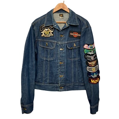 VTG Lee Trucker Denim Jacket Harley Davidson Owners Group Patches 44 Long USA