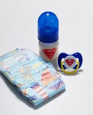 2oz Superman Themed Reborn Baby Formula Bottle, Magnetic Pacifier & Diaper Set!