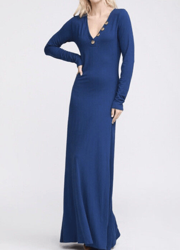 Doublju Women's Banded Button V-Neck Long Sleeve Maxi Dress Size X-Large