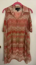 antthony size M multicolor short slv cold shoulder button down semi sheer blouse