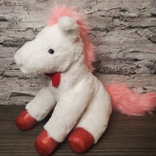 FAO Schwarz Sparklers White 12" Plush Pony Red Bow Tie Pink Hair Gold Heart