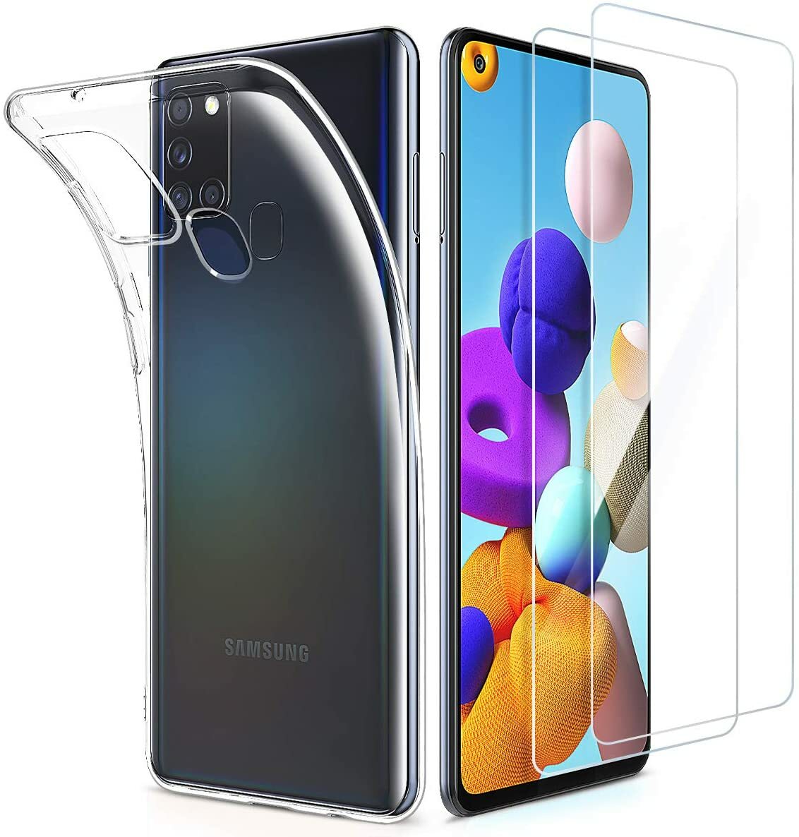 For Samsung Galaxy A21s Case Clear Slim Gel Cover Glass Screen Protector