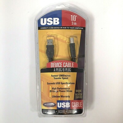Belkin Connect a USB Device Or Hub to Computer A Plug B Plug New 10 Ft New NOS