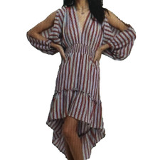 Lulus Nadya Red and Light Blue Striped Size M High Low Midi Dress