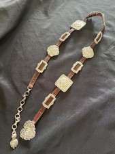 90s BRIGHTON Silver Tone CONCHO Medallion Belt Sz L Cowgirl Southwest Vtg 1993