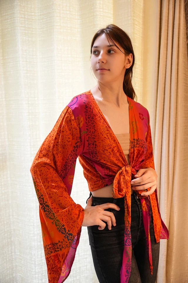 Wrap Top Crepe Tie Blouse Dress Girls Woman Y2k Boho crop Top PS PSW1696 - Image 4 of 4