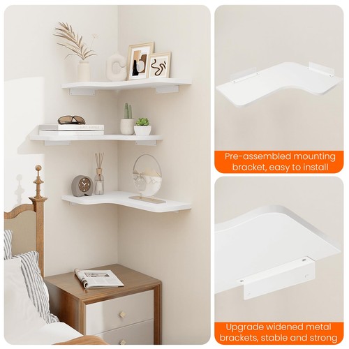 Corner Floating Shelves, Set of 3 Corner Wall Shelves with Wire Hole, L-Shape... - Picture 5 of 8