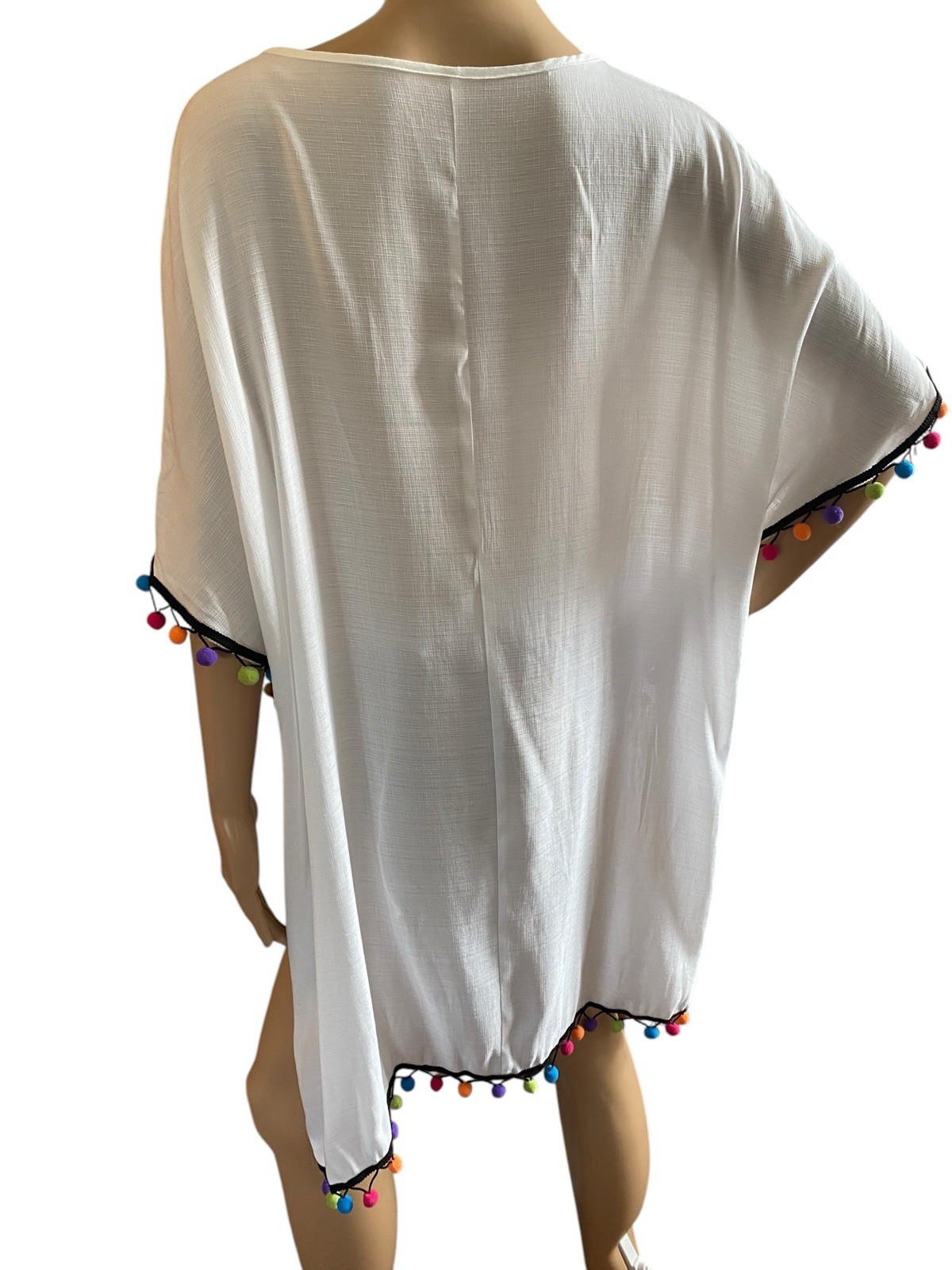 Shein White Swim Cover Up Multicolored Pom Pom Accents Size (L)+ Other Sizes