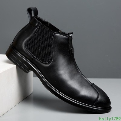 Mens Formal Winter Fleece Warm British Business Black Pointed Toe High Top Shoes