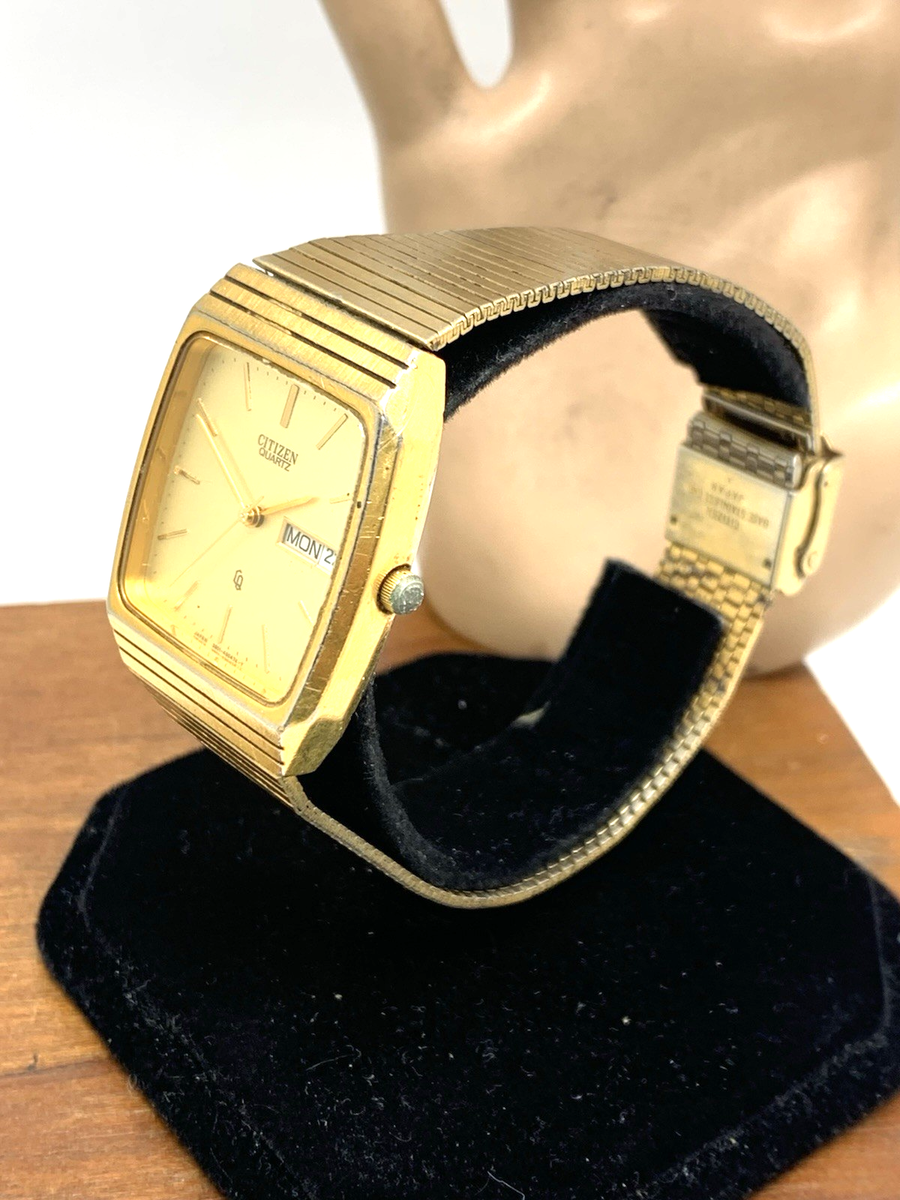 Citizen Quartz Day Date 3801-450281 TA Rectangle Gold Tone Steel