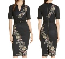 TED BAKER Dollila Pirouette Midi Bodycon Floral Black Womens Dress Size 2 US 6