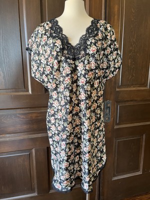 Vintage Barbizon Nightgown Knee Length Black Floral Lace Trim Women's XL (est.)