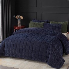 108'' x 96'' Navy Blue Velvet Quilt Set King Size, Luxury Velvet Comforter Be...