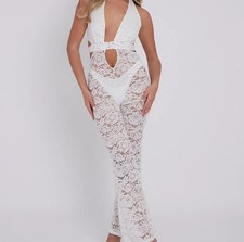 BOOHOO - White Festival Halterneck Lace Cut Out Jumpsuit in size 14