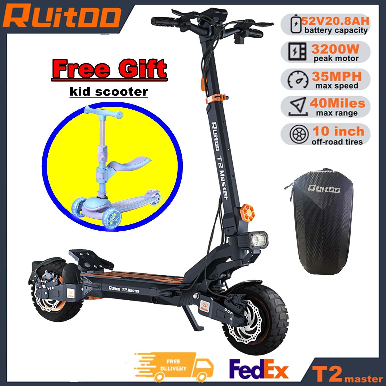 RUITOO 3200W Electric Scooter 35MPH 40Miles Battery Free Gift for Adult/Teen/Kid