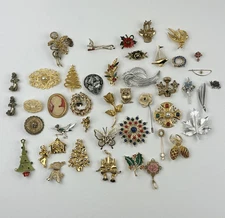 Vintage Lot of 43 Brooches Pins Cameo Holiday Poodle Scarf Clip Fashion Jewelry