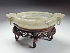 Fine Antique Chinese Carved Mughal Jade Brush Washer with Fitted Wood Stand