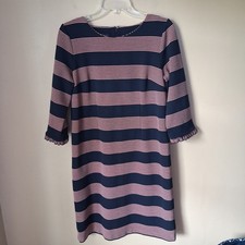 Talbots Navy & Pink Striped Knit Shift Dress W/Ruffle Sleeves; Size 6