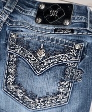 Miss Me Womens 28 Jeans Boot Sequin Bling Flap Pockets Thick Stitch Western Tall
