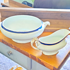 Vintage Ceramic Gravy Boat Set, White Blue Rim Gold Trim, Oval Glossy