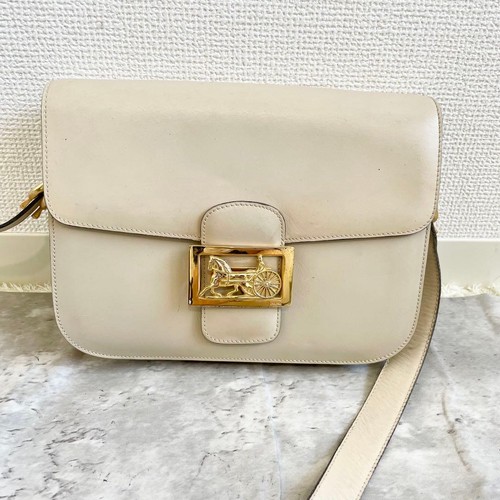 CELINE Vintage Horse Carriage Leather Shoulder Bag Gold Off White Auth