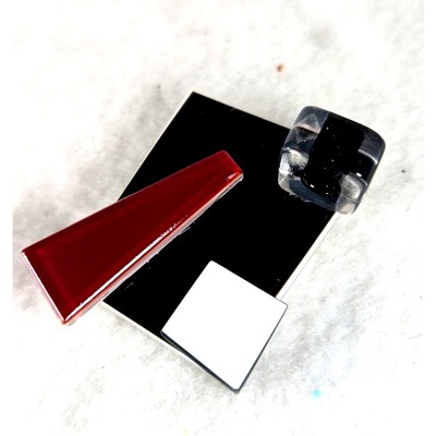 Fused glass contemporary pin Black White +Red handmade gallery Artisan 2 x 1.25''