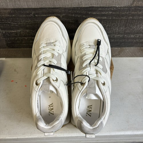 NWT Zara White Sneakers Womens Leather Trainer Shoes Triple White US Size 8 - Picture 4 of 9