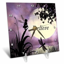 3dRose Believe, Fairy With Dragonflies With Moon And Purple Sky 6x6 Desk Clock