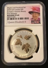 2024 QUEEN ELIZABETH REIGN $5 1 OZ CANADA SILVER NGC PF69 MAPLE LEAF W/GOLD  FR!