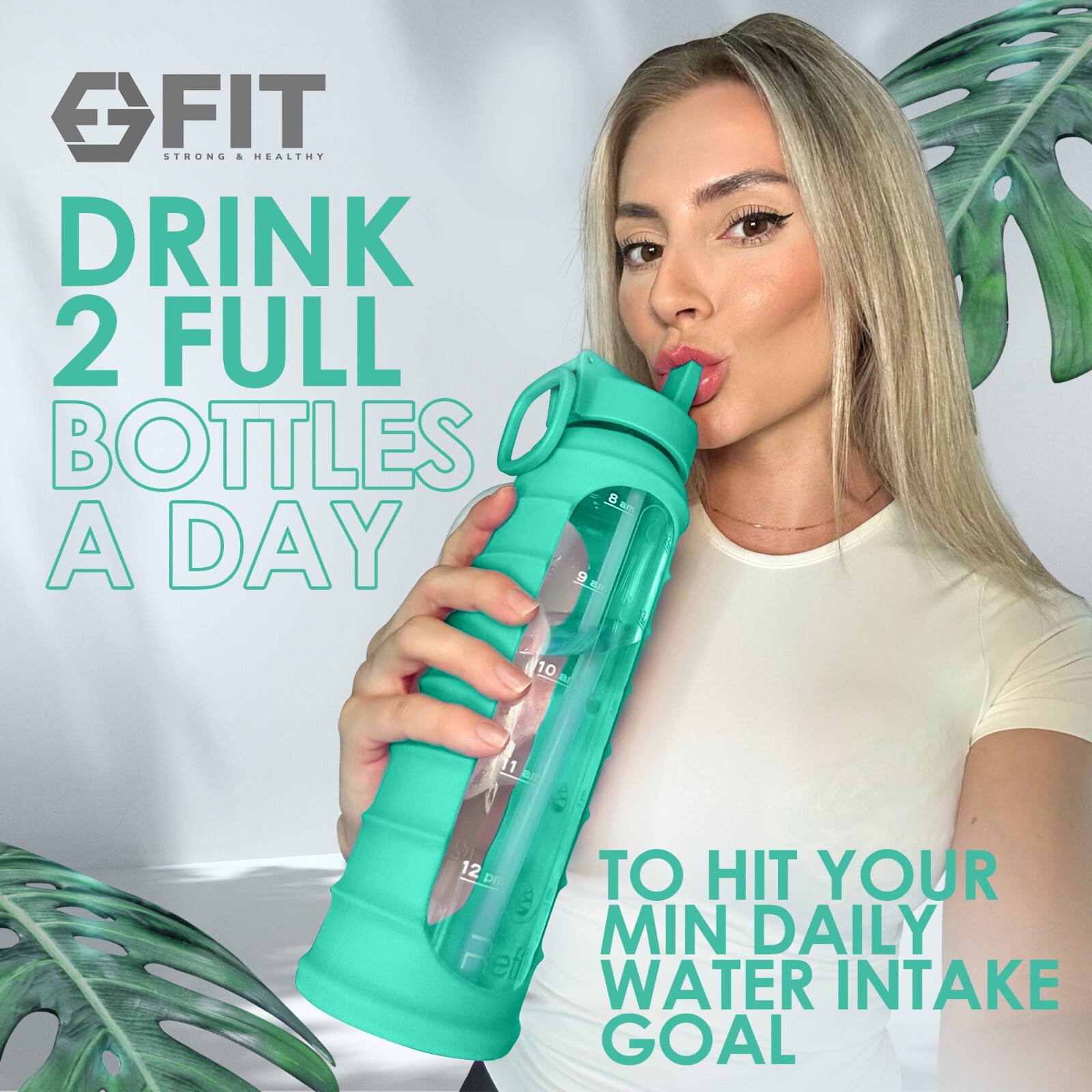 32 oz Glass Water Bottles With Times To Drink and Straw Lid ((Ribbed Seafoam)