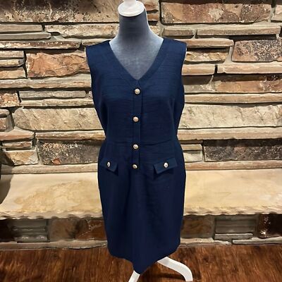 Karl Lagerfeld Paris Tweed Cotton Navy Sleeveless Dress with Gold Buttons