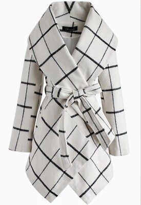 NWOT! XS 2-4 Chicwish PRAIRIE GRID RABATO COAT WHITE Wool Shawl Collar Wrap Tie!