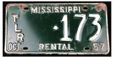 Mississippi 1957 RENTAL TRAILER License Plate 173!