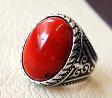 Mens Natural Coral Gemstone Ring 925 Silver Ottoman Handmade Signet Rings MR#268