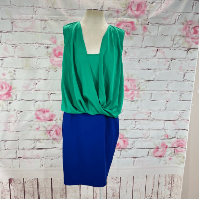 Calvin Klein Women's Drape Floating Top Color Block Overlay Dress Green Blue 12