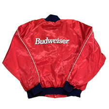 Vtg Bud King Of Beers Satin Snap Jacket Budweiser Script Logo USA Windbreaker L