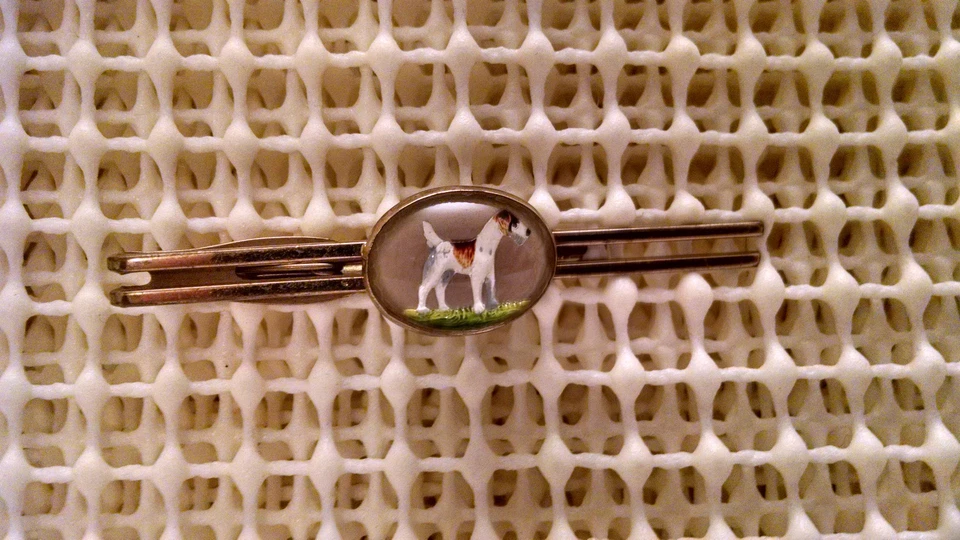 Vintage Hand Painting under convex glass of Airdale Terrier Dog tie clip IHickok - Image 2 of 4