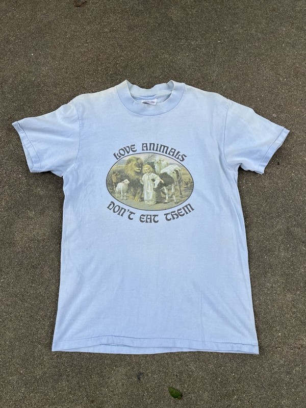 RARE 80s Vintage Love Animals Don’t Eat Them Baby Blue Single Stitch Tee
