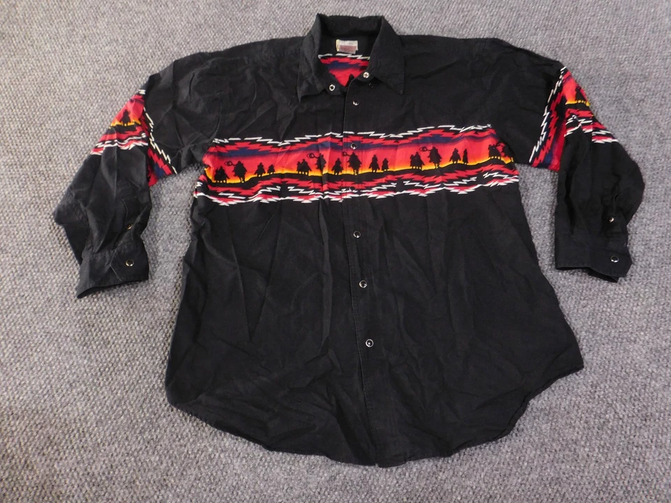 Camisa De Colección Express Rider Para Hombre XL Negra Vaquero Occidental Puesta de Sol Gráfico Snap Foto 3 de 4