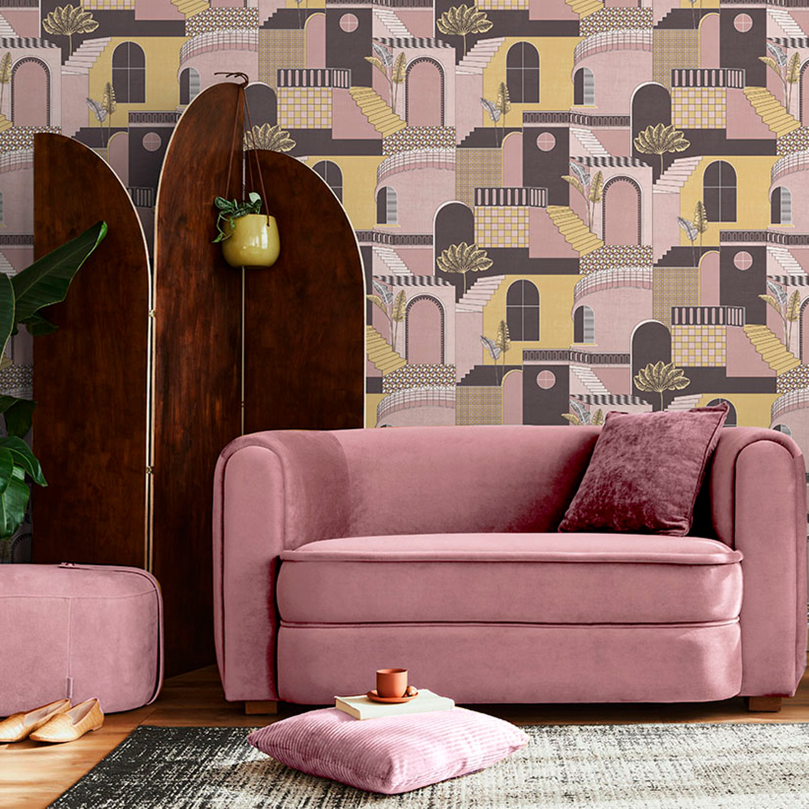 Pink Yellow Mediterranean Wallpaper Checked Pattern Leaves Arches Feature Quirky