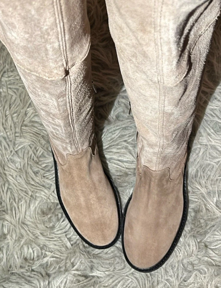 Aquatalia Knee High Boot W Sz 5.5 Suede Beige Leather Upper Black Sole ITALY - Image 3 of 4